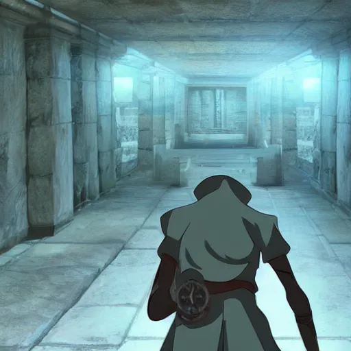 Image similar to an underground ancient temple corridor full of traps by Makoto Shinkai, pressure plate, tripwire, arrow trap, epic composition