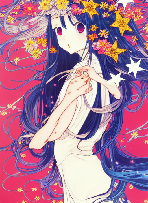 Image similar to exquisite imaginative manga poster art of a girl, long wavy hair, stars, flowers, japanese sailor uniform, shimmering, by kojima ayami, shigenori soejima, minaba hideo, alphonse mucha, jump comics, shogakukan, art nouveau, illustration, artstation, highly detailed, 8 k, colorful, iridescent, maximalist