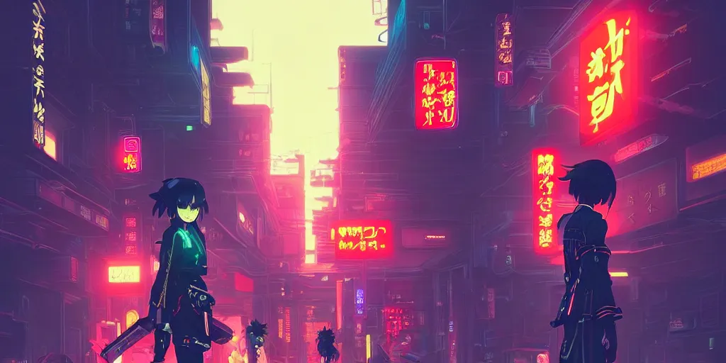 Image similar to digital illustration closeup of cyberpunk samurai in city street at night by makoto shinkai, ilya kuvshinov, lois van baarle, rossdraws, basquiat | afrofuturism, in the style of hearthstone, trending on artstation | cool color scheme