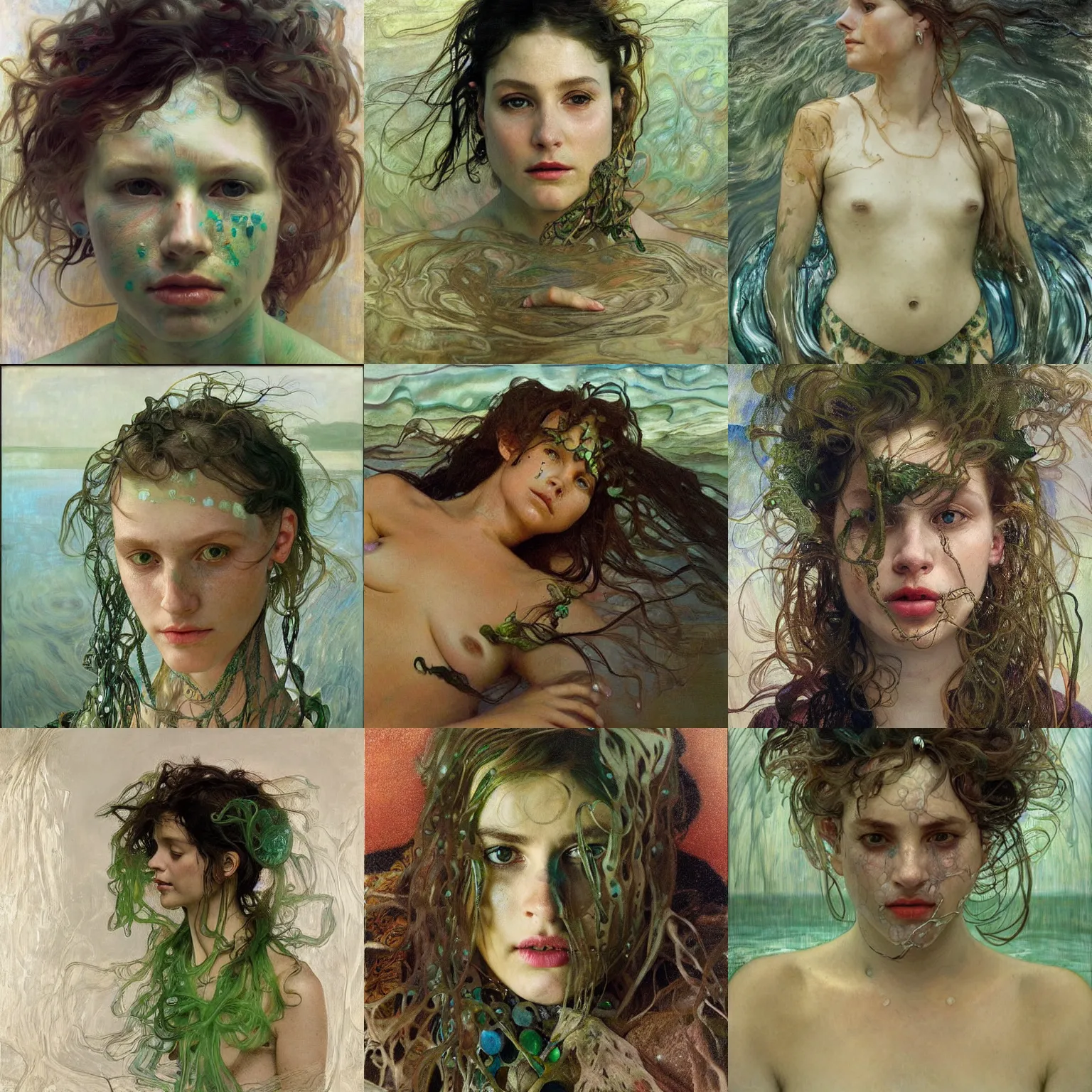 Prompt: fog hyperrealist portrait, half body, tribal green jewelry submerge in a ocean waves at night, wet by lucian freud jenny saville and alphonse mucha very detailed faces