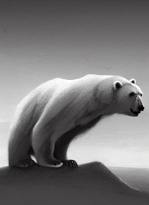 Image similar to dying polar bear on a desert, by greg rutkowski, trending on artstation, masterpiece, charcoal pencil, minimalist art