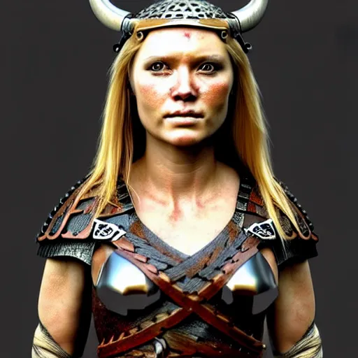 Image similar to a beautiful viking female warrior, realistic, highly detailed.