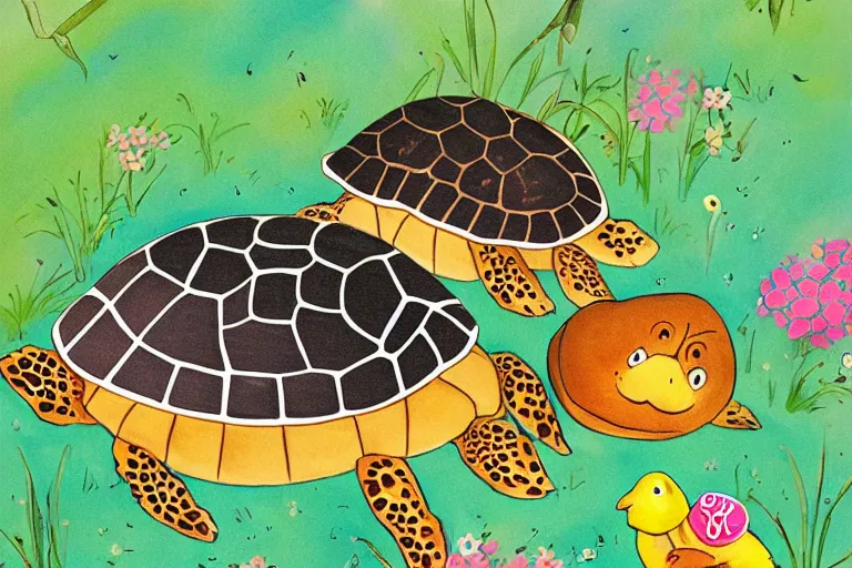 Image similar to turtle and chick, children's book illustration, beautiful