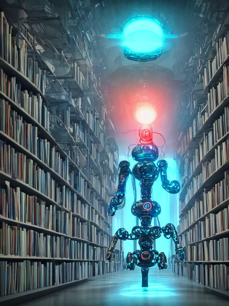 Prompt: an artificial intelligence robot designed by the elder gods in a library hyperealistic very colourful hdr cinematic lighting cgi render photorealistic cinematic