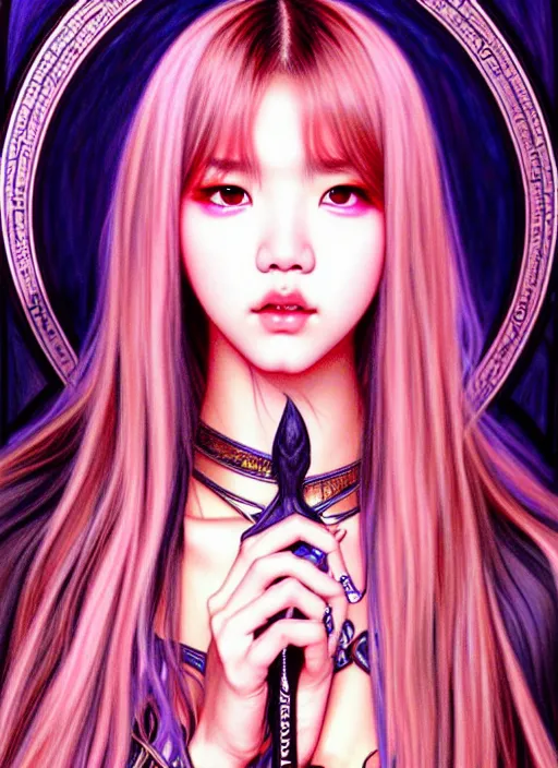 Image similar to lalisa manoban of blackpink, grim reaper costume, tarot card, highly detailed, digital painting, smooth, sharp focus, illustration, ultra realistic, 8 k, art by artgerm and alphonse mucha