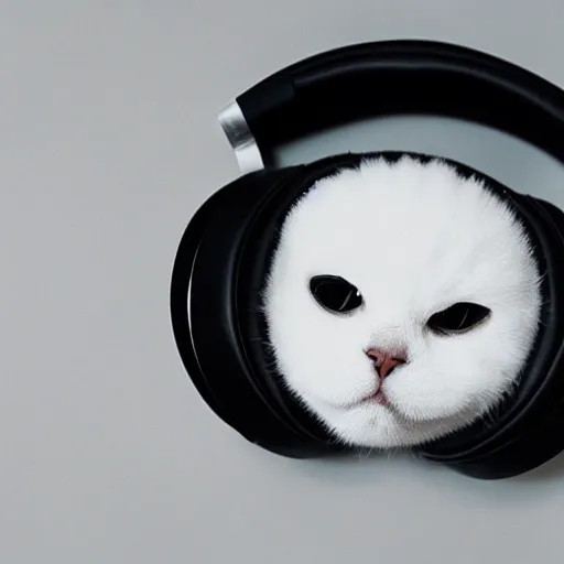 Prompt: a fluffy white cat wearing beats headphones