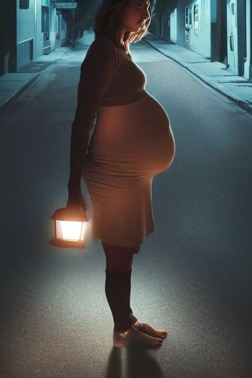 Image similar to pregnant woman under street light, highly detailed, sharp focused, ultra realistic digital concept art, cinematic shot, 4k.