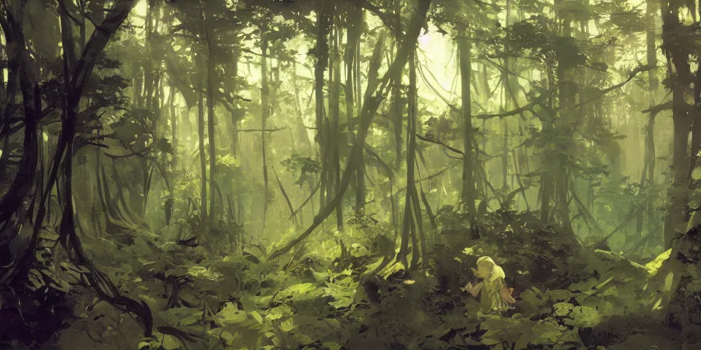 Image similar to animation background painting of a forest, intricate, elegant, highly detailed, greg manchess, mucha, liepke, ruan jia, jeffrey catherine jones, ridley scott