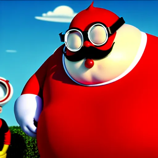 Prompt: a render of a round fat man in a red jumpsuit, wearing shiny black goggles, long pointy pink nose, long spikey light brown moustache, large cartoonish hands with white gloves, evil villain grin, high tech, hdr, 4 k, he is standing over the lorax, the lorax is on the ground, 3 d