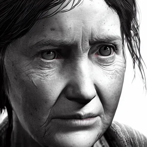 Prompt: an amazing portrait photo of Ellie from The last Of Us as an old retired woman, award winning photo, very detailed, cinematic, beautiful lighting effects