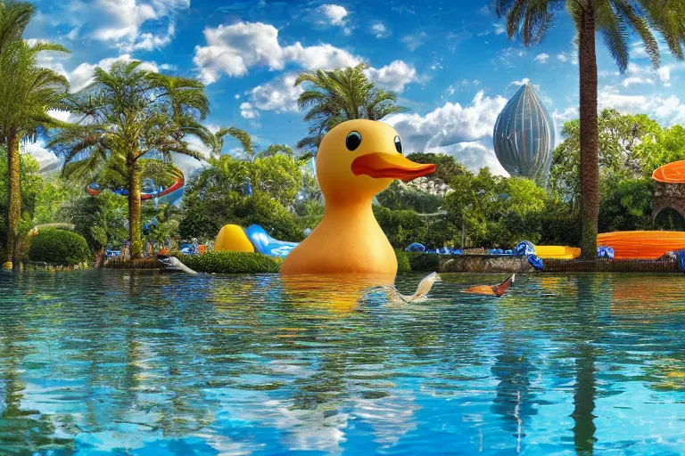 Prompt: photo of a big duck in the waterpark in a beatiful reflective pool, intricate, 8k highly professionally, detailed, HDR, CGsociety