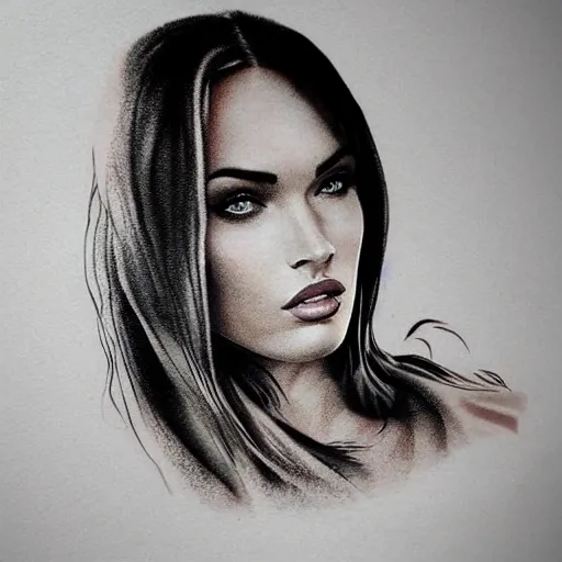 Image similar to realism tattoo sketch of double exposure megan fox with beautiful mountain scenery, in the style of andrey lukovnikov