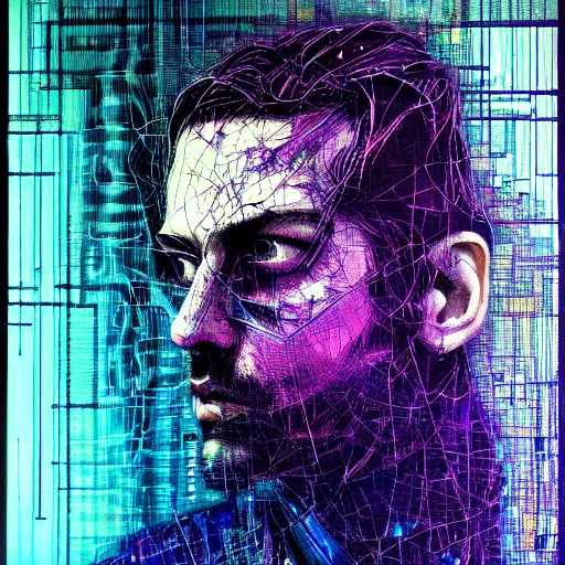 Image similar to hyperrealistic portrait of a cyberpunk man, adult man, long hair, immersed within a network, glitch eyes, by Guy Denning, Johannes Itten, Derek Gores, Russ Mills, glitch art, smooth lines, fine detail, polished, complex, hacking effects, holographic, digital tech effects, blue and violet, color blocking!, realistic, acrylic on canvas, concept art, abstract!, symmetrical, 8k, concept art, octane, photorealistic, cgsociety, trending on artstation