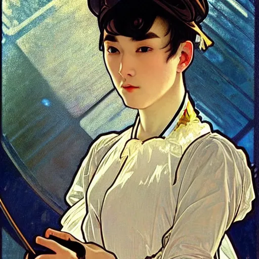 Image similar to full body painting of grumpy handsome thin beautiful young man in his 2 0 s named min - jun in a french female maid outfit, modern clothing, elegant, clear, painting, stylized, delicate facial features, stylized thin lines, soft but grumpy, highly detailed, art, art by alphonse mucha