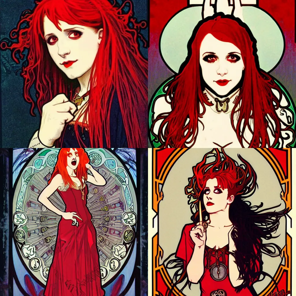 Prompt: Alphonse Mucha, pretty female Hayley Williams Paramore, vampire, fully red eyes, sharp teeth smile, symmetrical face, victorian dress, long red hair, full body action pose