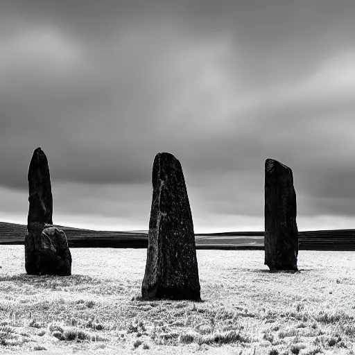 Image similar to a robed human figure stands among the neolithic standing stones of stenness, black and white, grainy, snow, brooding clouds, matte painting, concept art, 4k -W 1280