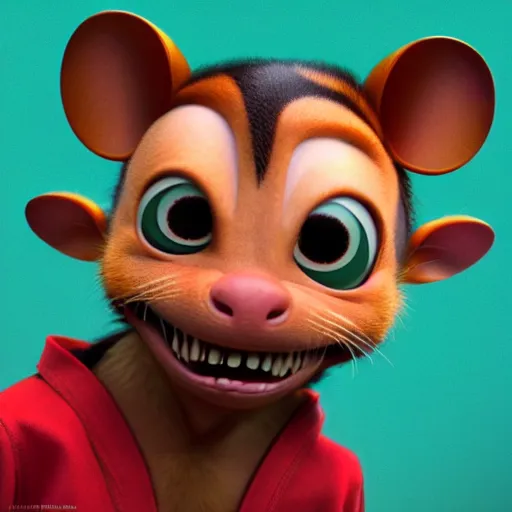 Image similar to a portrait of a human-rat mutant hybrid with brown fur wearing a red kimono, disney, pixar, dreamworks, 3d rendering, hdr, subsurface scattering, cartoon