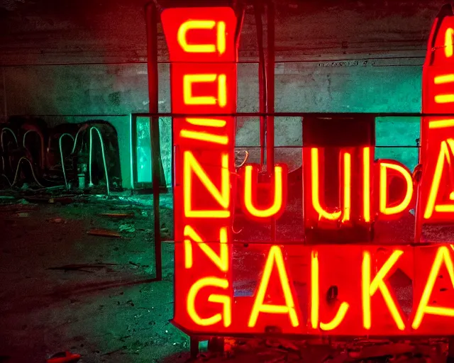 Image similar to An abandoned industial basement lit by a neon sign that says GAK, GAK sign, basement, cinematography by Robby Müller, GAK basement, industrial