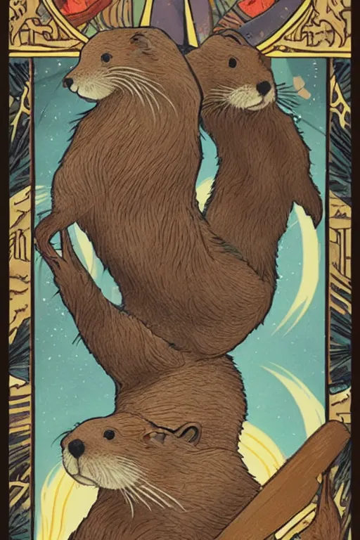 Image similar to Rider-Waite tarot card: Five of Otters, artstation, concept art, 4k