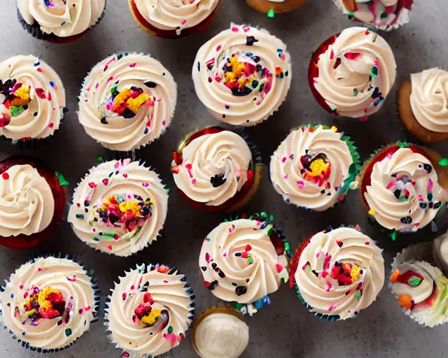 Prompt: dslr food photograph of delicious cupcakes with slices of pickle on them, 8 5 mm f 1. 4