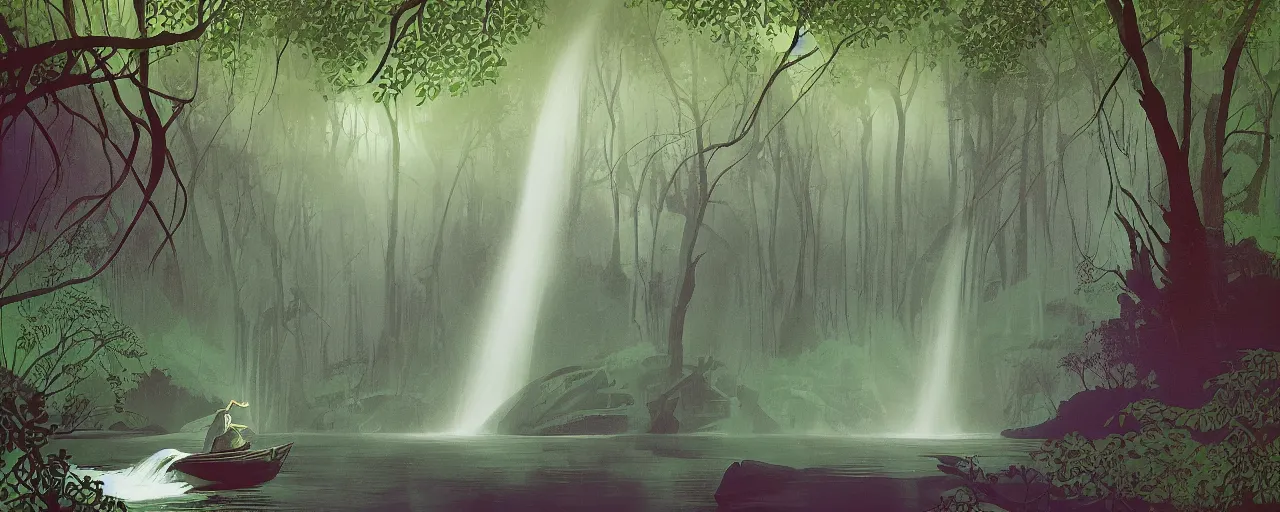 Image similar to deep forest, an old ship in the middle of the forest, rainbow river waterfall, striking composition, huge scale, gentle mists, subtle color variations, highly detailed, a white robed benevolent magician clothed in a royal garment in contemplation meditating upon God, by Eyvind Earle and Mary Blair