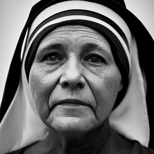 Image similar to a portrait photograph of a serious, spiritual, 4 9 - year - old nun american oil - and - gas worker canon 8 5 mm f 1. 2 photograph head and shoulders portrait