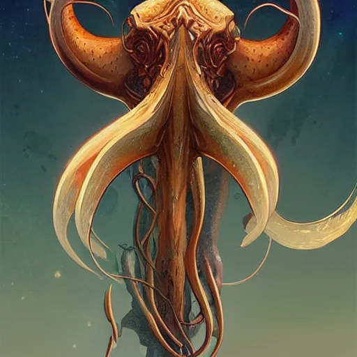 Prompt: “ a celestial giant squid, nordic motifs, d & d, fantasy, intricate, cinematic lighting, highly detailed, digital painting, artstation, concept art, smooth, sharp focus, illustration, art by artgerm and greg rutkowski and alphonse mucha ”