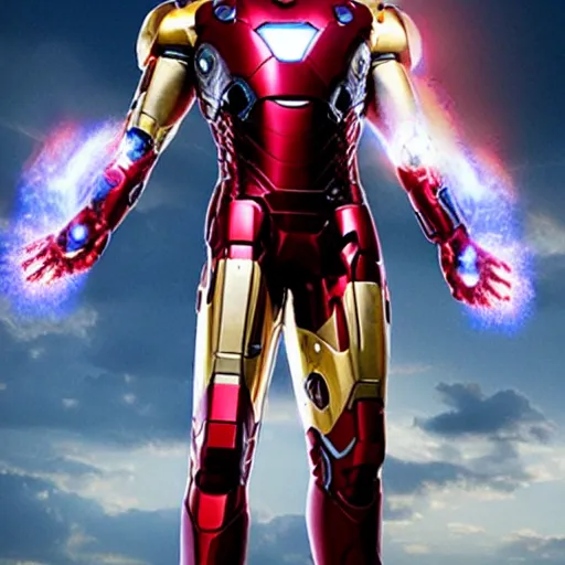 Image similar to promotional image of Mark Ruffalo as Iron Man in Iron Man（2008）, he wears Iron Man armor without his face, movie still frame, promotional image, imax 70 mm footage