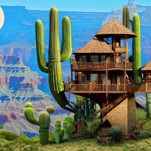 Prompt: fancy treehouse mansion built in a giant cactus on top of plateau overlooking grand canyon detailed 4 k digital painting