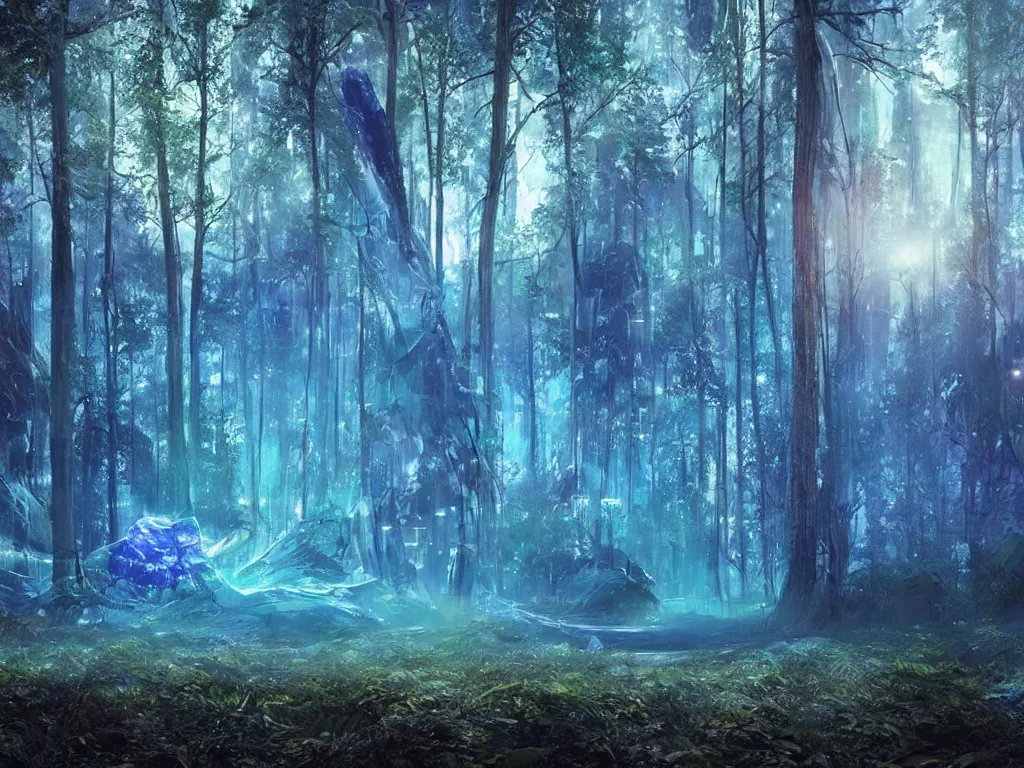 Prompt: mystical and magical cyberpunk forest with a clear blue lake in a clearing where an abstract nebula crystal sculpture is floating above it, powerful, ethereal, vaporwave