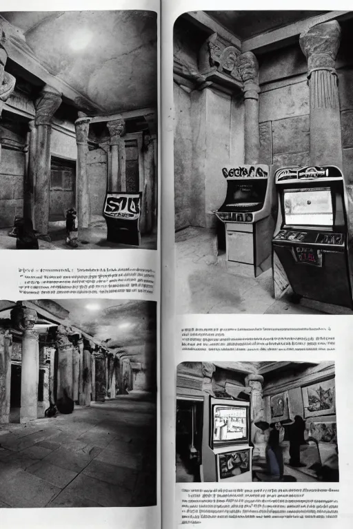 Image similar to magazine article about a videogame arcade in an egyptian temple, photojournalism, 1980s