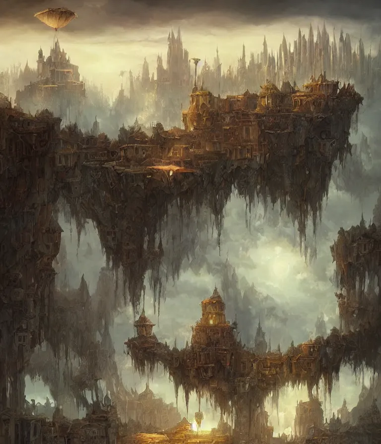 Image similar to a painting of a city castle floating in the air, flying island, levitating citadel, a matte painting by marc simonetti, deviantart, fantasy art, lush world above an apocalypse landscape, matte painting, apocalypse utopia art