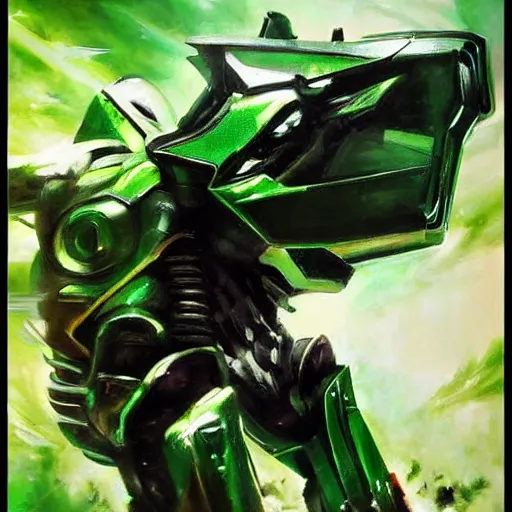 Image similar to green power ranger dragonzord, realistic, ultrahd, jeremy mann painting