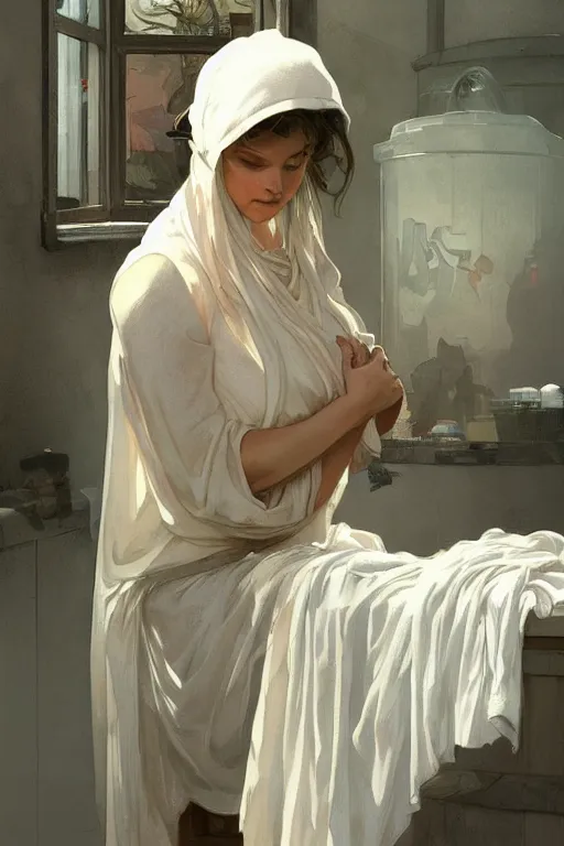 Prompt: portrait of rural pregnant woman doing laundry, digital painting, artstation, concept art, smooth, sharp focus, illustration, art by artgerm and greg rutkowski and alphonse mucha