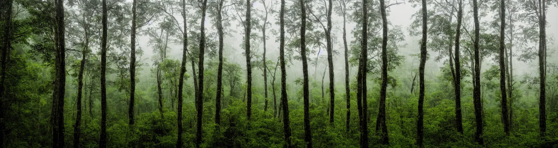 Image similar to a wide landscape shot of a forest with a rainy sky in the background