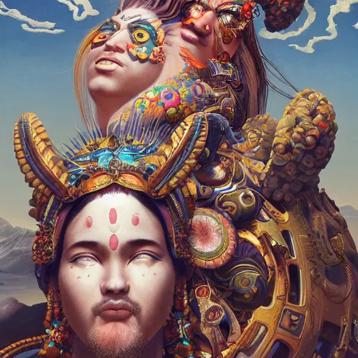 Prompt: A very detailed aesthetic portraits painting titled 'The ancestor Gods' description 'Hera and Zeus posing back to back' by Takashi Murakami and Wayne Barlowe, Trending on cgsociety artstation, 8k, masterpiece, highly detailed.