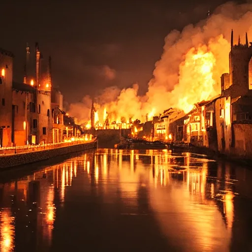 Prompt: medieval city on fire at night