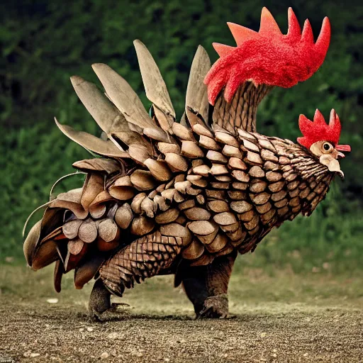 Image similar to a Rooster with the armor of a pangolin, national geographic photograph