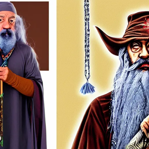 Prompt: Cheech & Chong as Dumbledore and Gandalf, Full-Wizard smock and hat, wizard's chain-necklace and spell scepter