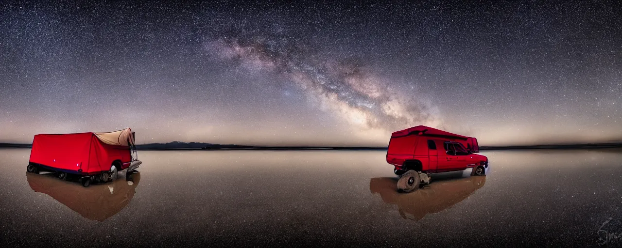 Image similar to dodge ram red power wagon with a roof top tent camping on wet salt flats at night, reflections, long exposure, milky way, Sayem Reza, poster