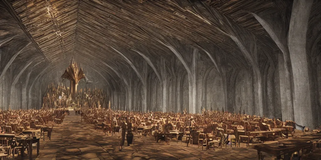 Prompt: The great hall of the king under the mountain. hyper realistic, lord of the rings