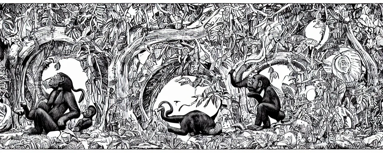 Prompt: the chimpanzee globe trotters go to an elephant wonderland inside the hollow earth where emotions are math and math is love, black and white in the style of jim woodring