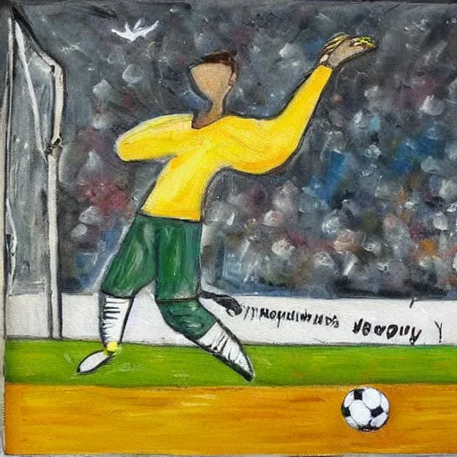 Image similar to goal keeper flying to catch a soccer ball with wings, rennasainse painting