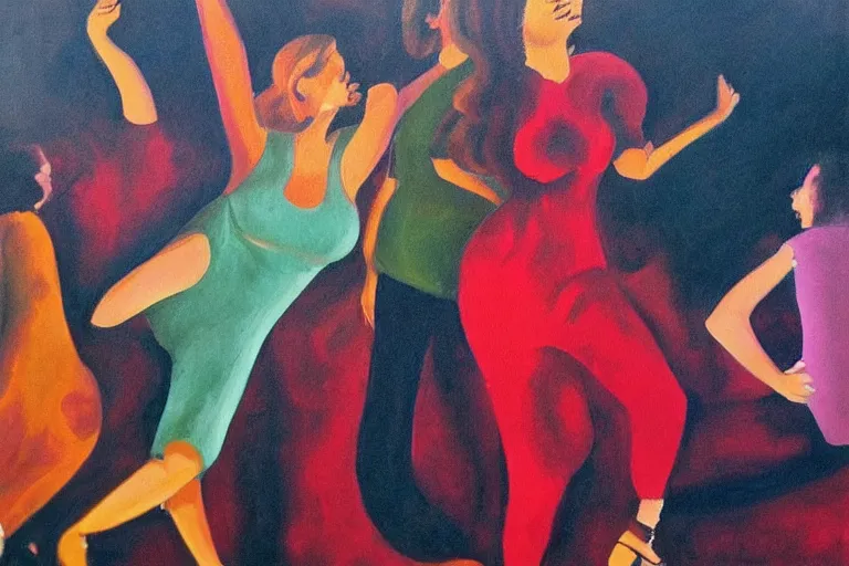 Image similar to painting of curvy sweating woman dancing in a club in the 70's by Johannes Grutzke