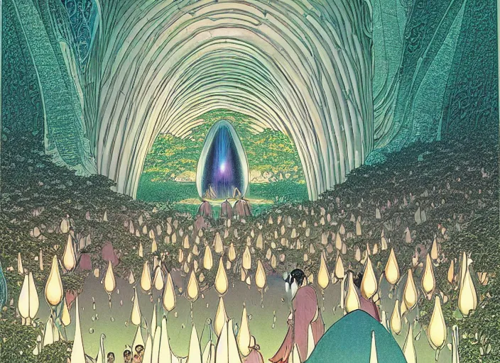 Prompt: a symmetrical!!! delicate mtg illustration by charles vess and kawase hasui of a large group of people entering the glowing doorway of a massive vulva - shaped temple constructed of carved iridescent pearls and house - sized crystals of smooth and organic architecture floating in the astral plane