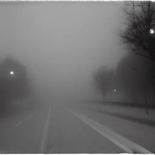 Prompt: brassai photograph of cars at an intersection on a foggy night, blue undertones,