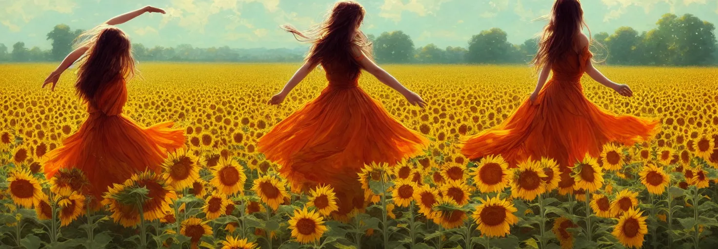 Image similar to beautiful young girl dancing in a fiery dress in a beautiful field of sunflowers and lilies, high detail, very realistic, by greg rutkowski, by james gurney ultra clear detailed, digital painting by ( ( makoto shinkai ) ), moebius moebius, surrealism, trending on artstation