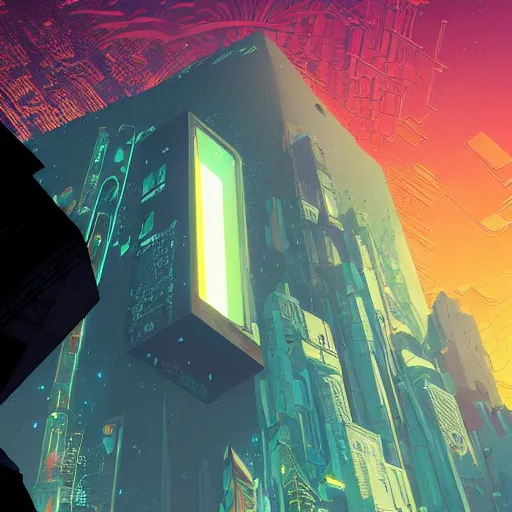 Prompt: stunningly intricate high angle close up of a cyberpunk explorer looking up at a floating triangular glowing monolith, highly detailed, midnight, by victo ngai and james gilleard, moebius, laurie greasley