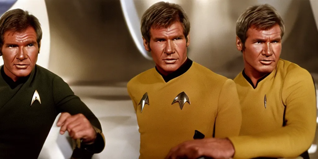 Image similar to Harrison Ford in the role of Captain Kirk in a scene from Star Trek the original series