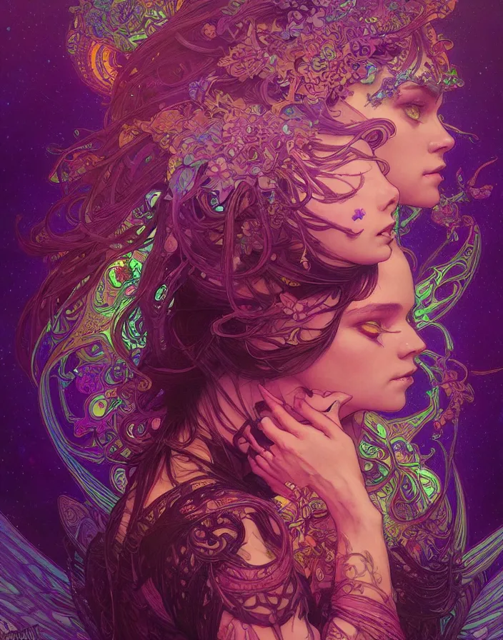 Image similar to psychedelic acid trip, blacklight reactive, fantasy, intricate, elegant, highly detailed, digital painting, artstation, concept art, matte, sharp focus, illustration, art by Artgerm and Greg Rutkowski and Alphonse Mucha